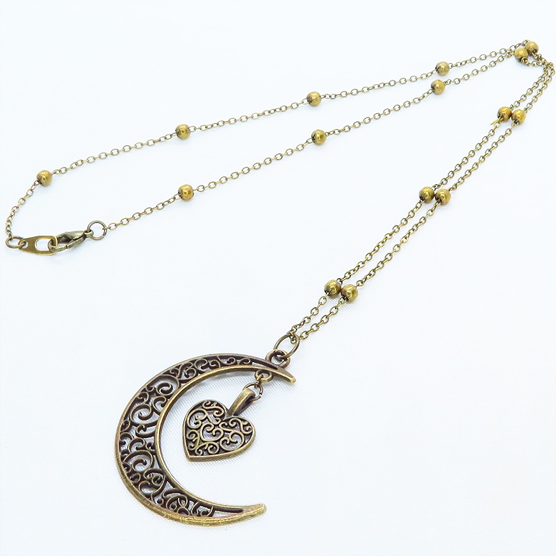 アンティークゴールド 透かし三日月とハートの大人可愛いネックレス ムーン ロングチェーンネックレス