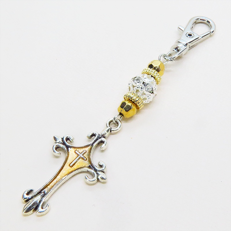 アンティークシルバー ゴシック調ロザリオをゴールドカラーで彩色したキーホルダー 金具変更可