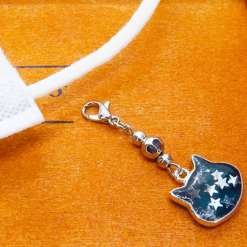 マスク・スマホチャーム ブルーキャットスター 青い猫フェイスモチーフに星を散りばめたチャーム メタルビーズ 金具変更可