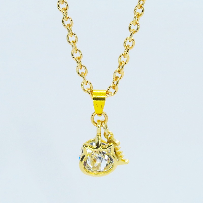 可愛い猫フレーム(ゴールドカラー)のスワロフスキー(9色選択)と魚のチャームの大人可愛いネックレス 長さ調整可 アジャスター可