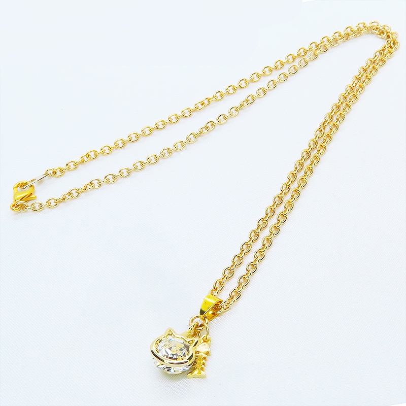 可愛い猫フレーム(ゴールドカラー)のスワロフスキー(9色選択)と魚のチャームの大人可愛いネックレス 長さ調整可 アジャスター可