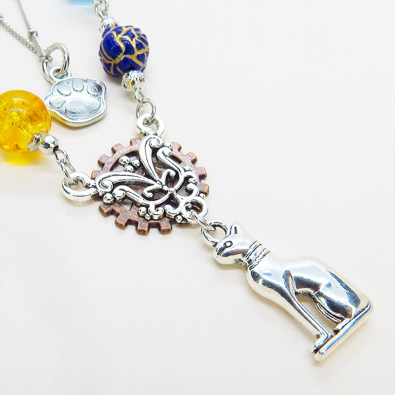 シルバーカラー バステト 猫の神様 オリエンタル風 ダブルチェーン ビーズを組合わせたアシンメトリーネックレス アジャスター可