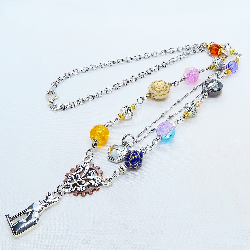 シルバーカラー バステト 猫の神様 オリエンタル風 ダブルチェーン ビーズを組合わせたアシンメトリーネックレス アジャスター可