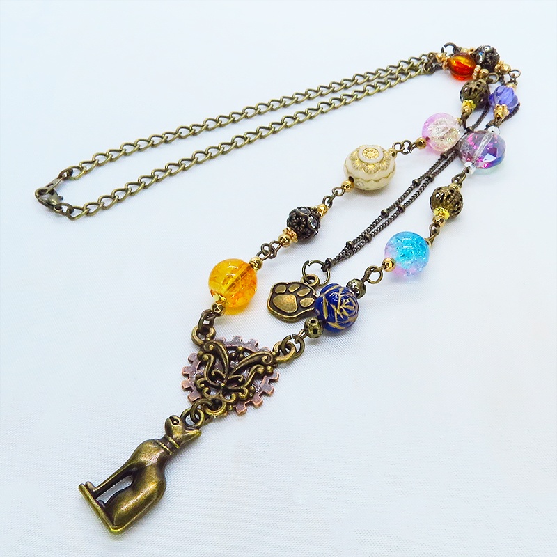 アンティークゴールド バステト 猫の神様 オリエンタル風 ダブルチェーン ビーズを組合わせたアシンメトリーネックレス アジャスター可