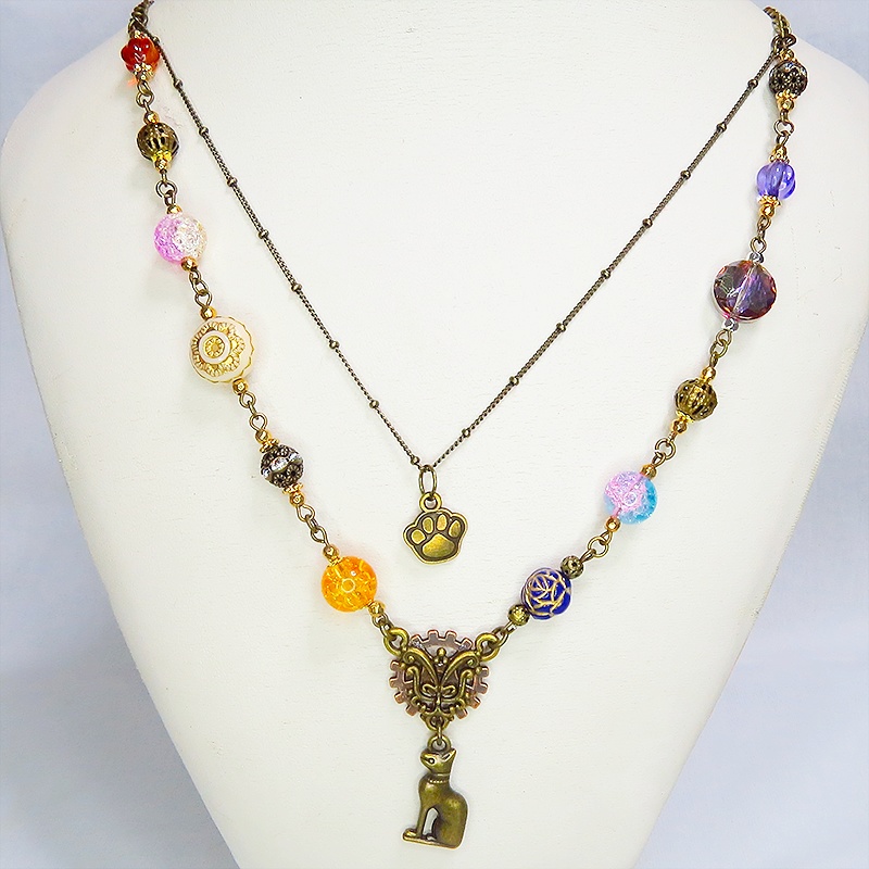 アンティークゴールド バステト 猫の神様 オリエンタル風 ダブルチェーン ビーズを組合わせたアシンメトリーネックレス アジャスター可