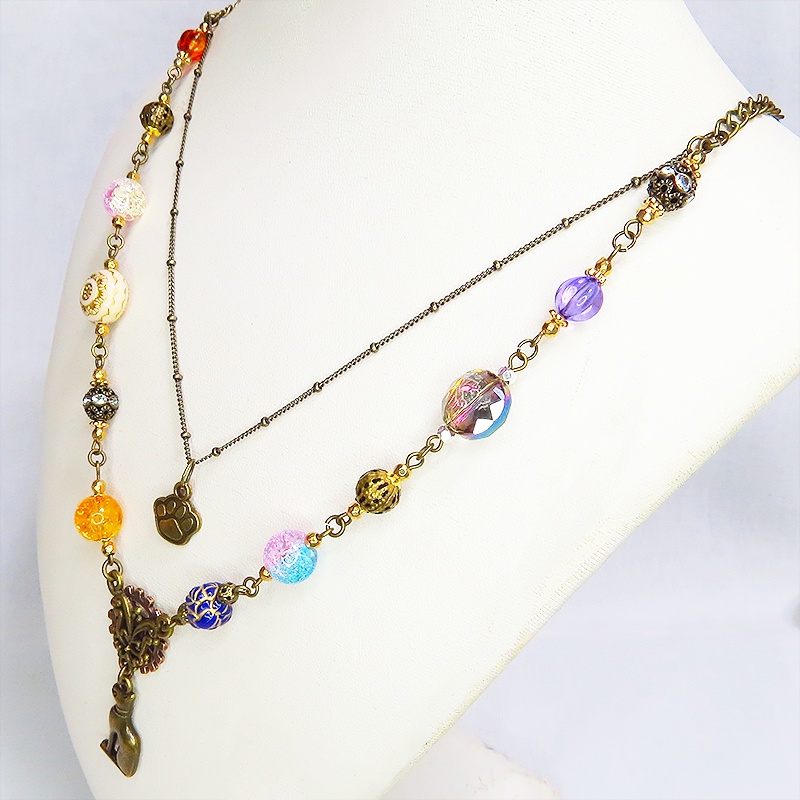 アンティークゴールド バステト 猫の神様 オリエンタル風 ダブルチェーン ビーズを組合わせたアシンメトリーネックレス アジャスター可