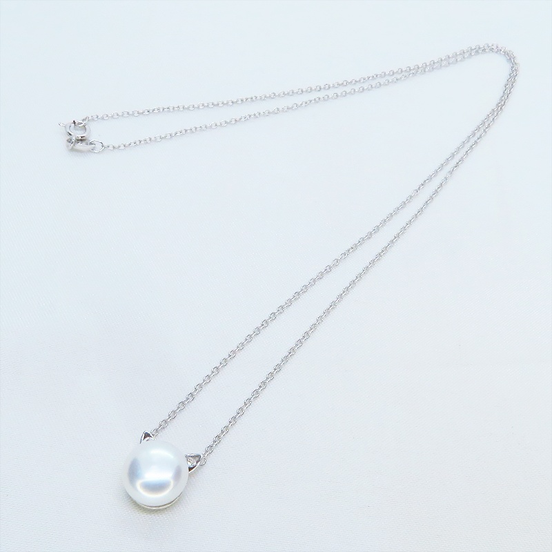 シルバー925 さり気なく大人可愛い猫耳パールネックレス 淡水パール スワロフスキー アジャスター可