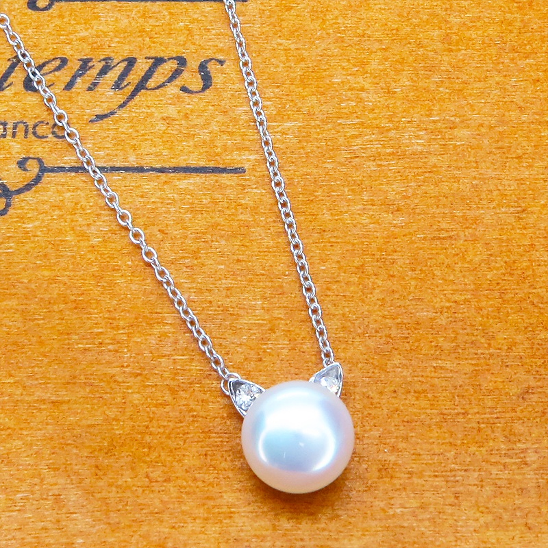 シルバー925 さり気なく大人可愛い猫耳パールネックレス 淡水パール スワロフスキー アジャスター可