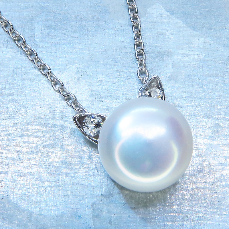 シルバー925 さり気なく大人可愛い猫耳パールネックレス 淡水パール スワロフスキー アジャスター可