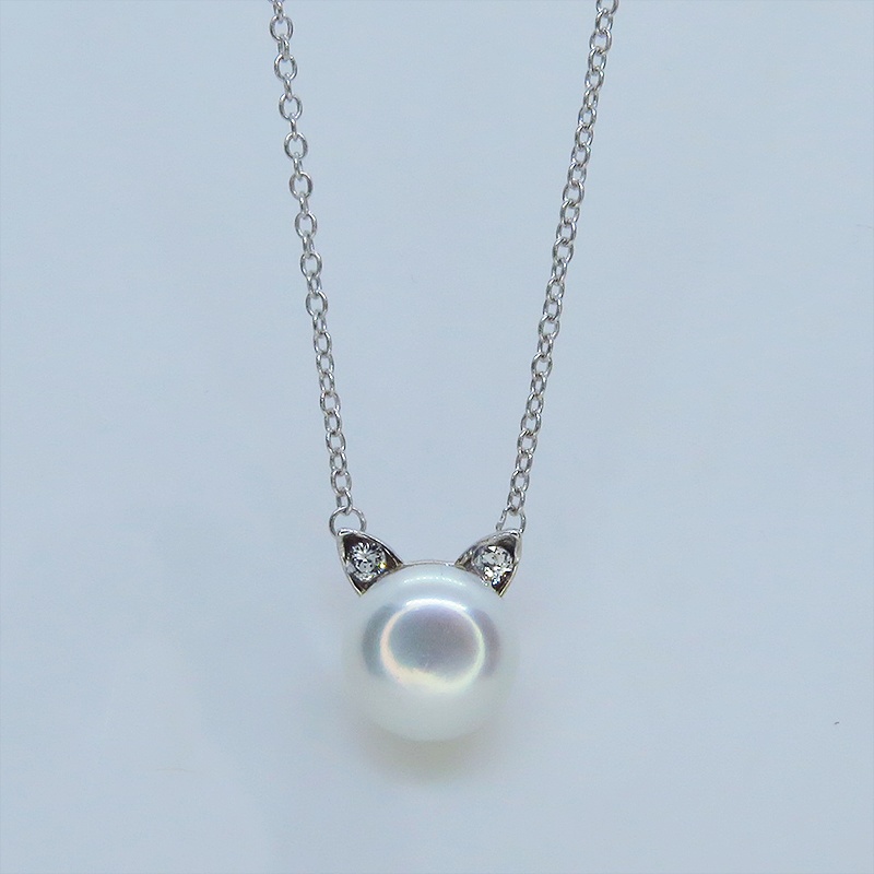 シルバー925 さり気なく大人可愛い猫耳パールネックレス 淡水パール スワロフスキー アジャスター可