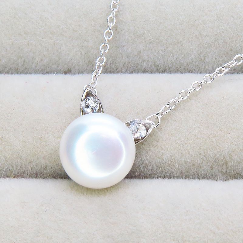 シルバー925 さり気なく大人可愛い猫耳パールネックレス 淡水パール スワロフスキー アジャスター可