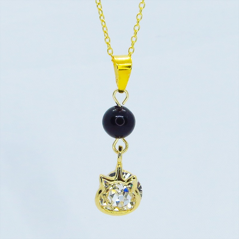 18KゴールドPTD シルバー925 かわいい猫フレームのスワロフスキー(9色選択)とオニキスの大人可愛いネックレス