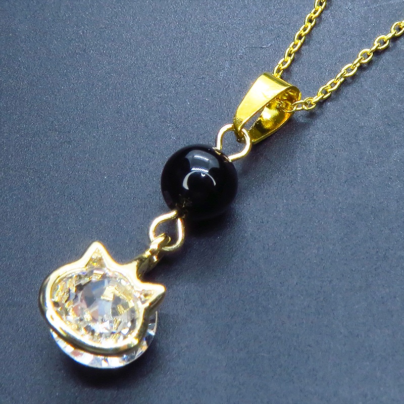 18KゴールドPTD シルバー925 かわいい猫フレームのスワロフスキー(9色選択)とオニキスの大人可愛いネックレス