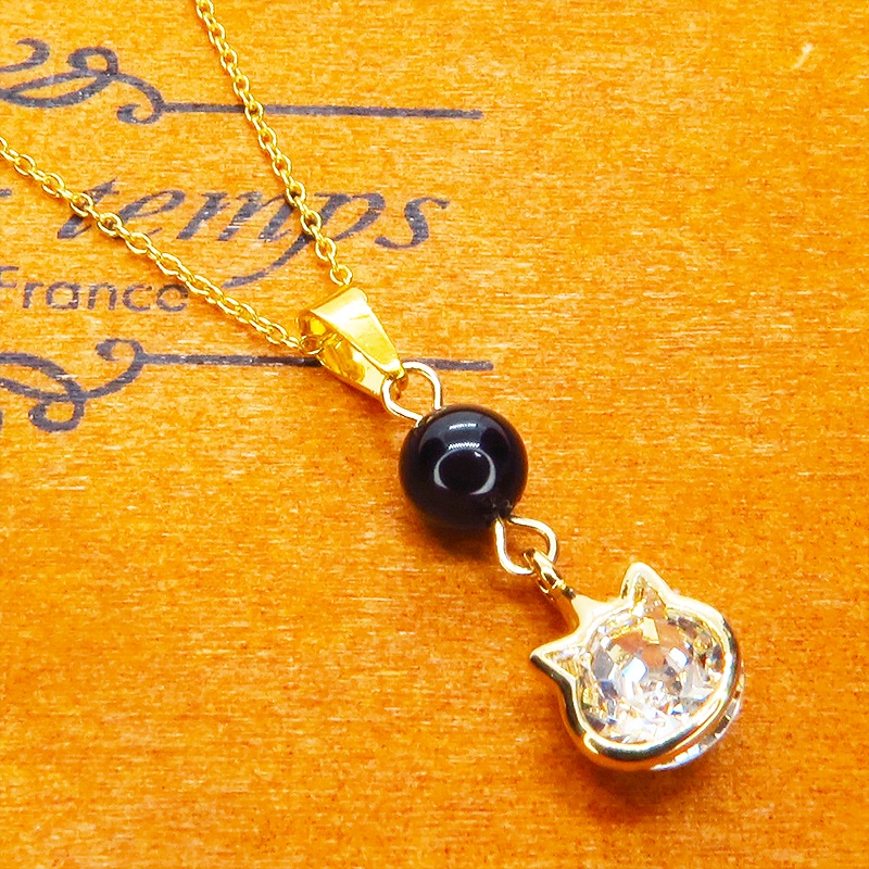 18KゴールドPTD シルバー925 かわいい猫フレームのスワロフスキー(9色選択)とオニキスの大人可愛いネックレス