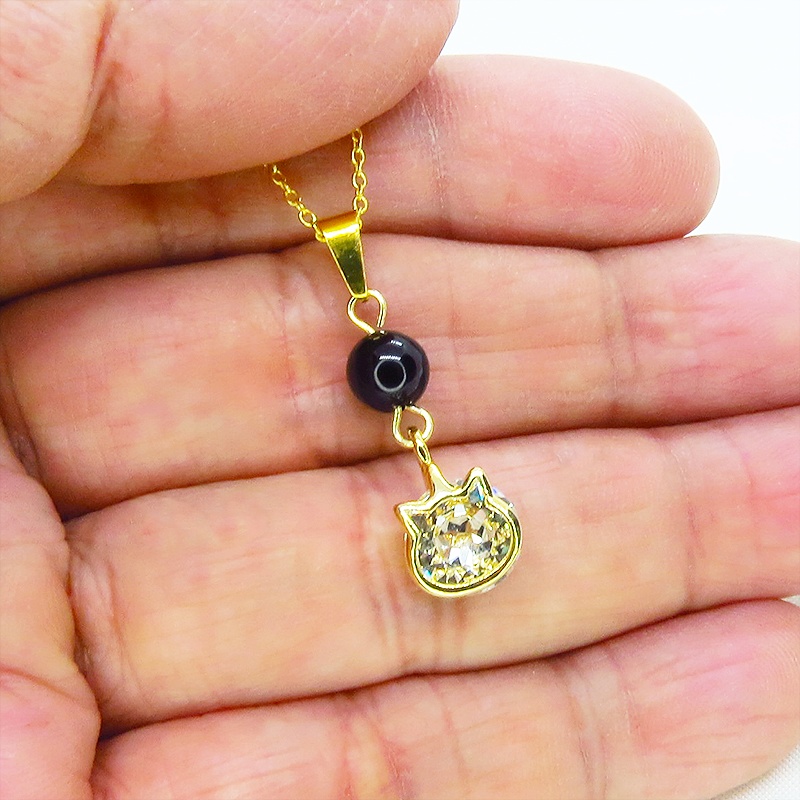 18KゴールドPTD シルバー925 かわいい猫フレームのスワロフスキー(9色選択)とオニキスの大人可愛いネックレス