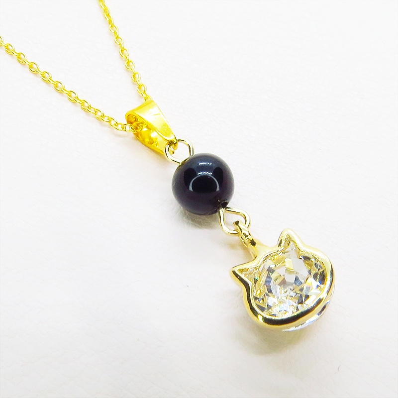 18KゴールドPTD シルバー925 かわいい猫フレームのスワロフスキー(9色選択)とオニキスの大人可愛いネックレス