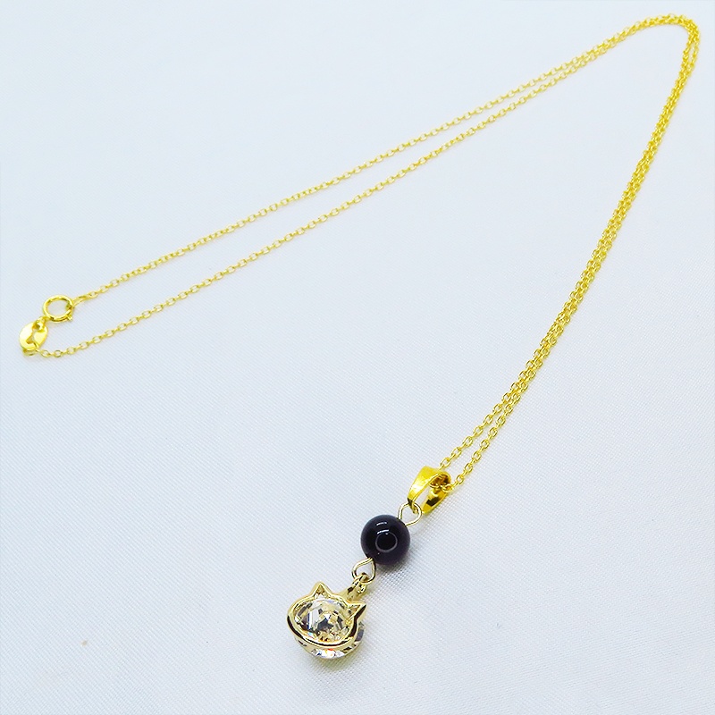 18KゴールドPTD シルバー925 かわいい猫フレームのスワロフスキー(9色選択)とオニキスの大人可愛いネックレス