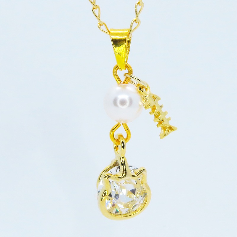 可愛い猫フレーム(ゴールドカラー)のスワロフスキー(9色選択)とスワロパールのネックレス 魚のチャーム 長さ調整可