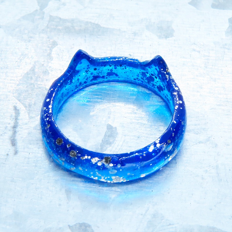 猫耳リング ブルーレジン シルバーラメ 指輪 リングサイズ13号 猫リング
