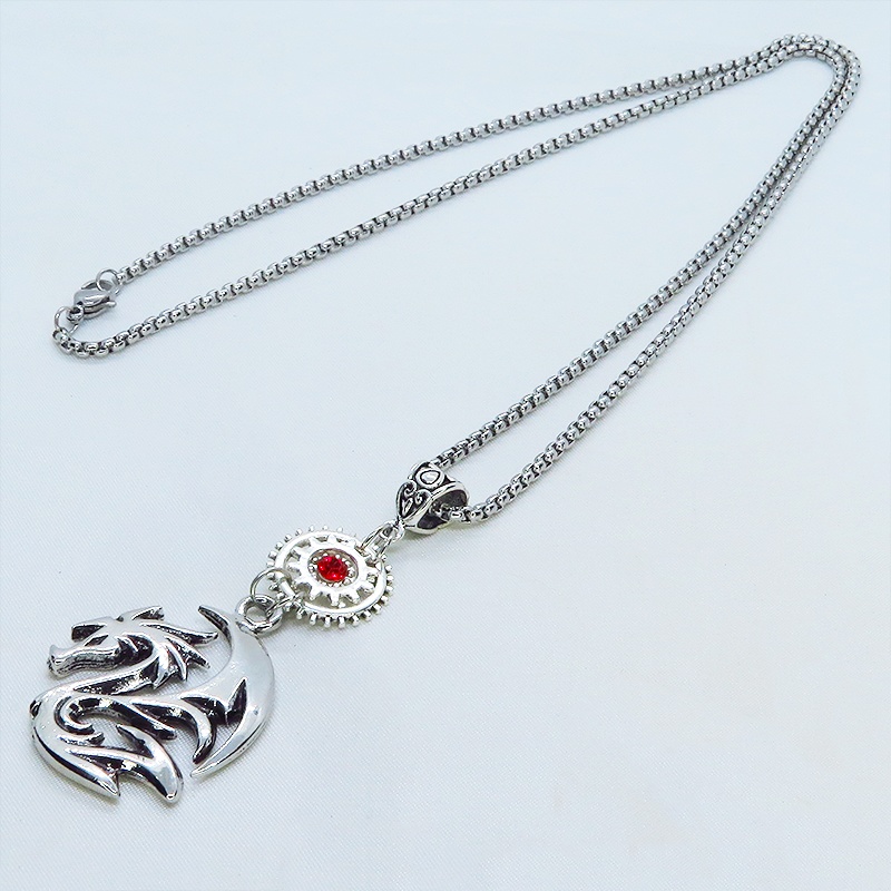 フライングドラゴン 龍のシルエットモチーフと歯車を組合せたネックレス ステンレスチェーン50cm スワロフスキー