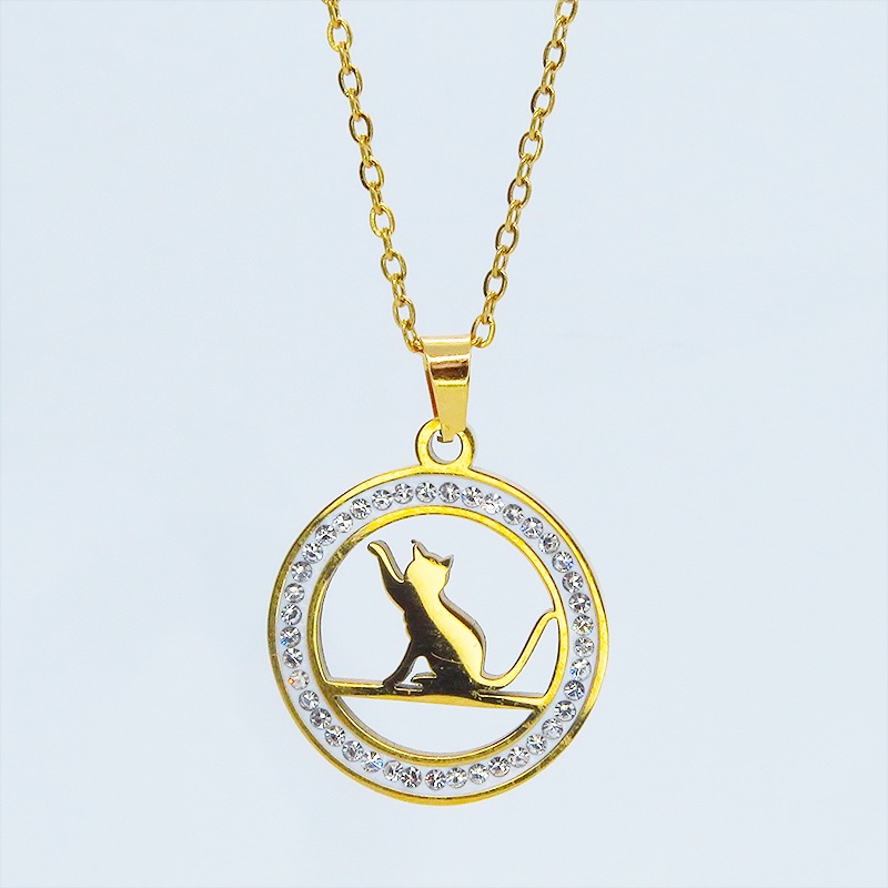 ゴールドカラー ステンレス 猫とラインストーンサークルの大人可愛いペンダントネックレス アジャスター追加可