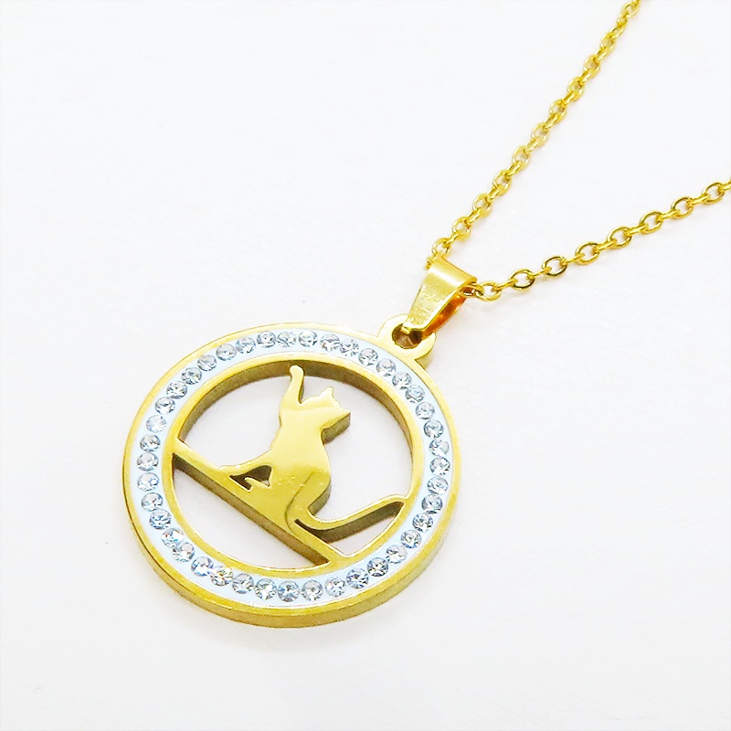 ゴールドカラー ステンレス 猫とラインストーンサークルの大人可愛いペンダントネックレス アジャスター追加可