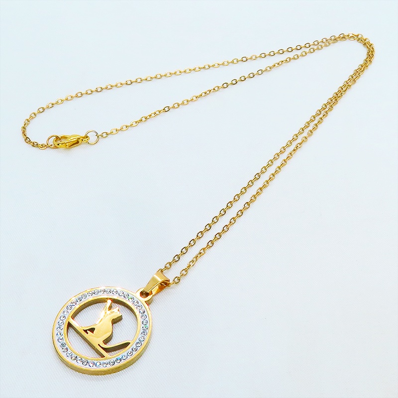 ゴールドカラー ステンレス 猫とラインストーンサークルの大人可愛いペンダントネックレス アジャスター追加可