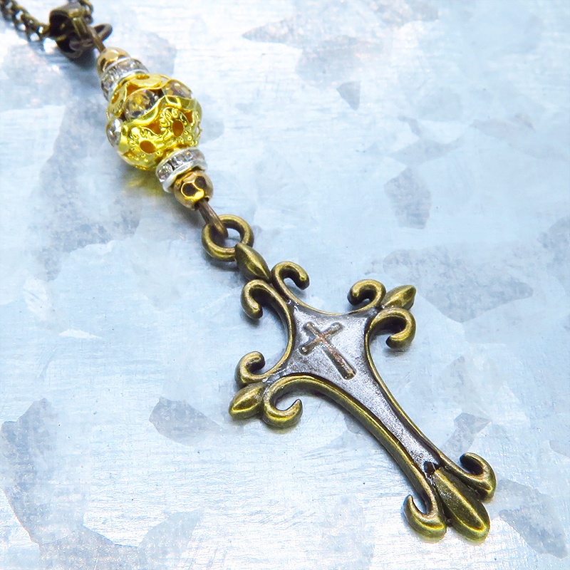 アンティークゴールド ゴシック調ロザリオとメタルビーズを組合せたネックレス 長さ調整可 アジャスター可