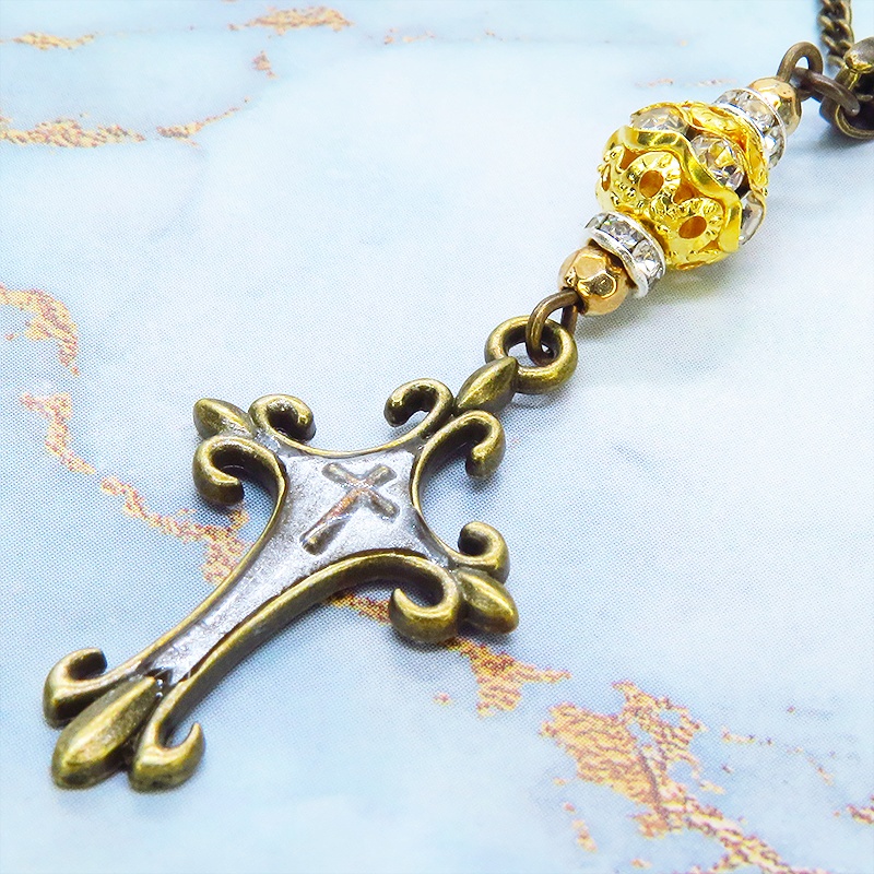 アンティークゴールド ゴシック調ロザリオとメタルビーズを組合せたネックレス 長さ調整可 アジャスター可
