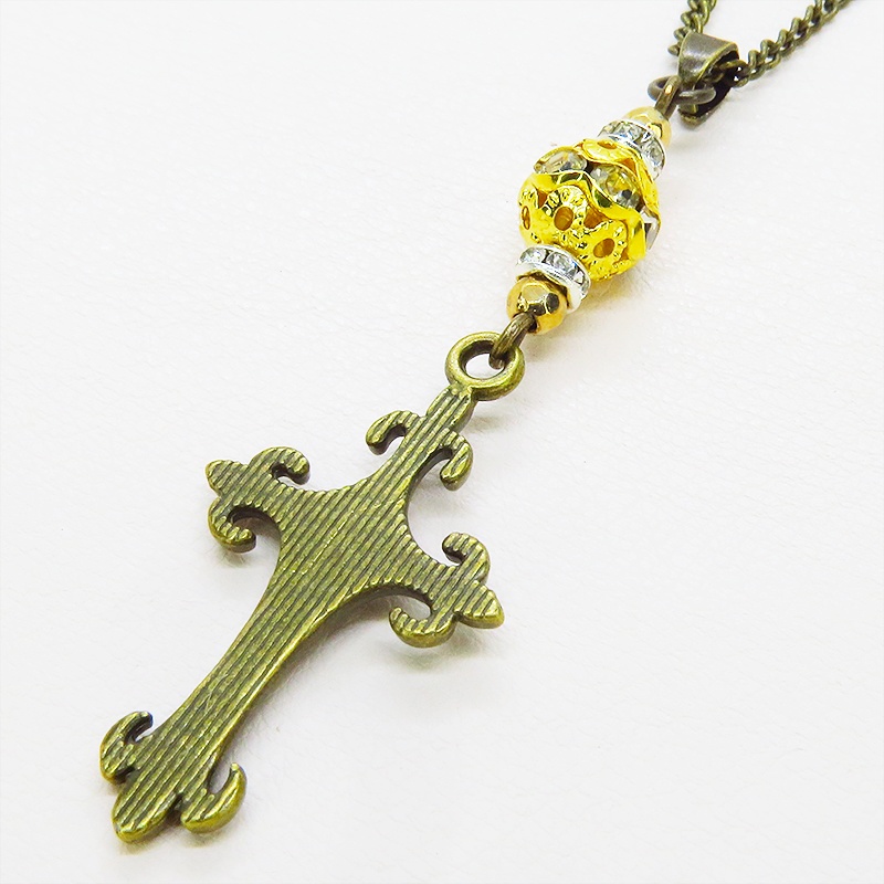 アンティークゴールド ゴシック調ロザリオとメタルビーズを組合せたネックレス 長さ調整可 アジャスター可