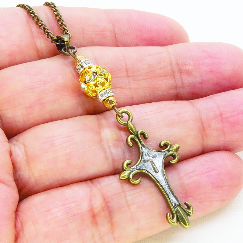 アンティークゴールド ゴシック調ロザリオとメタルビーズを組合せたネックレス 長さ調整可 アジャスター可