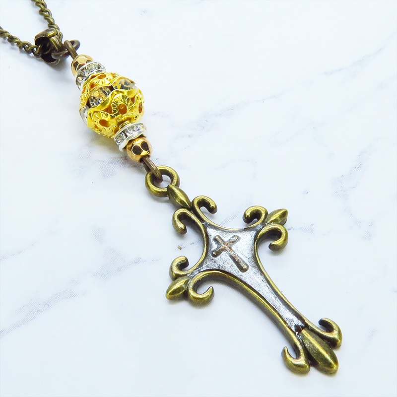 アンティークゴールド ゴシック調ロザリオとメタルビーズを組合せたネックレス 長さ調整可 アジャスター可