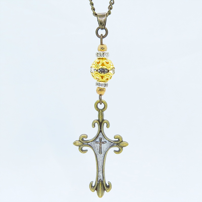 アンティークゴールド ゴシック調ロザリオとメタルビーズを組合せたネックレス 長さ調整可 アジャスター可