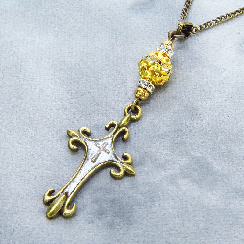 アンティークゴールド ゴシック調ロザリオとメタルビーズを組合せたネックレス 長さ調整可 アジャスター可