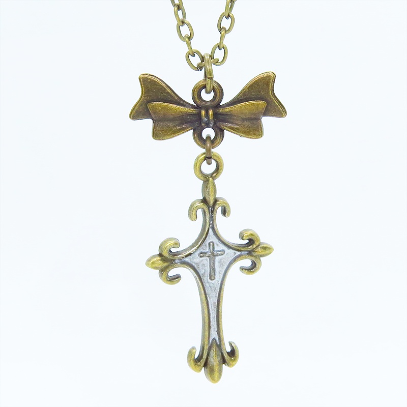 アンティークゴールド ゴシック調ロザリオとリボンチャームを組合せたネックレス 長さ調整可 アジャスター可