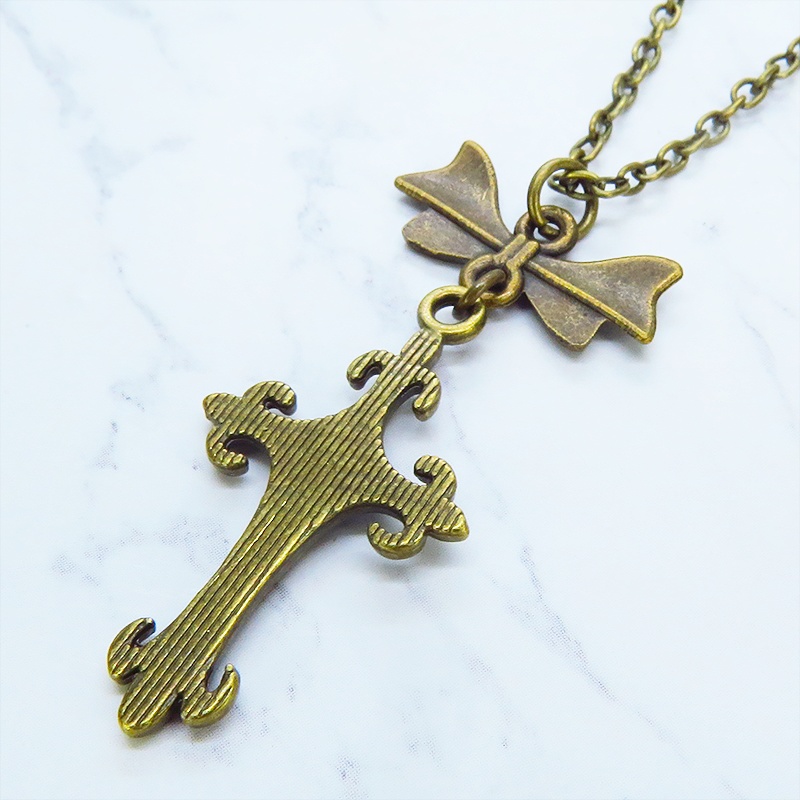 アンティークゴールド ゴシック調ロザリオとリボンチャームを組合せたネックレス 長さ調整可 アジャスター可