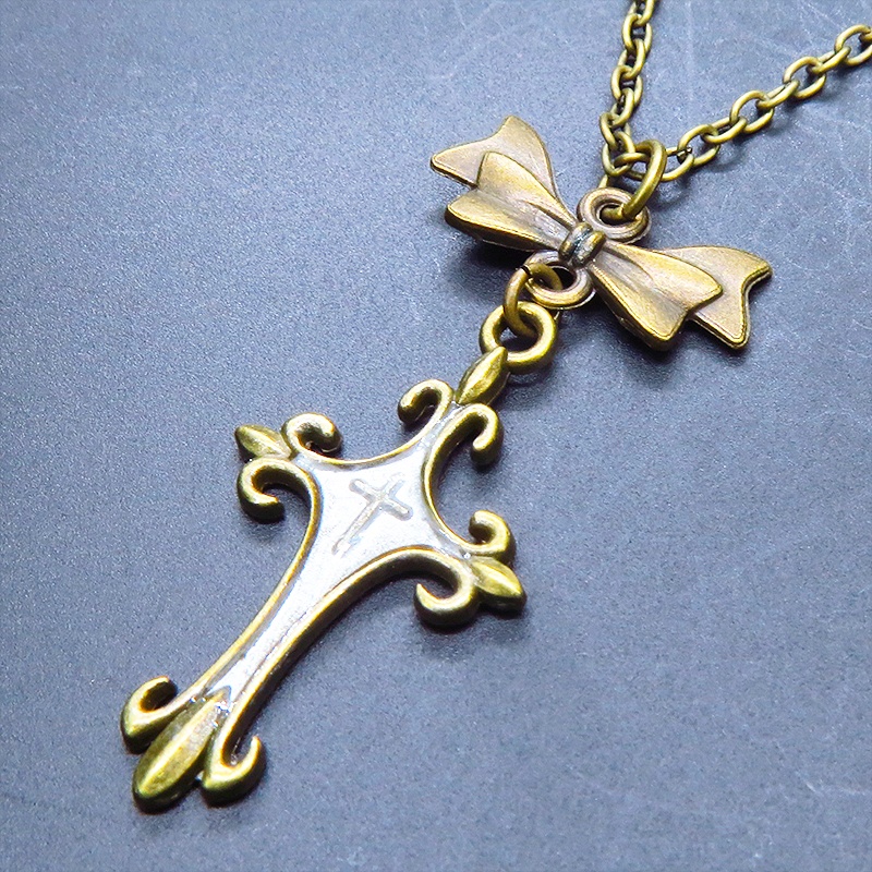 アンティークゴールド ゴシック調ロザリオとリボンチャームを組合せたネックレス 長さ調整可 アジャスター可