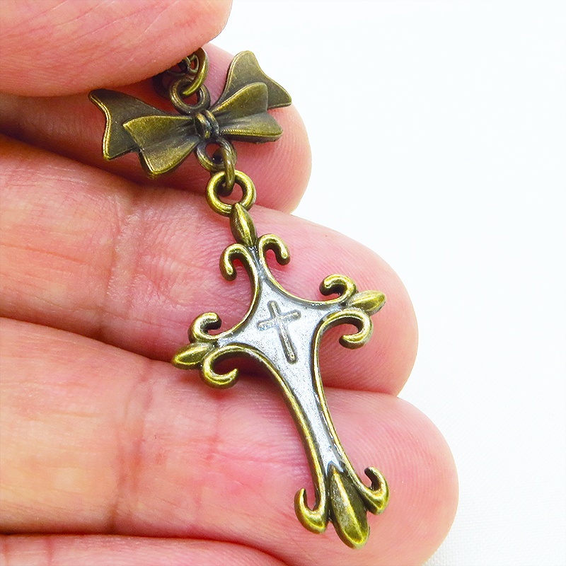 アンティークゴールド ゴシック調ロザリオとリボンチャームを組合せたネックレス 長さ調整可 アジャスター可