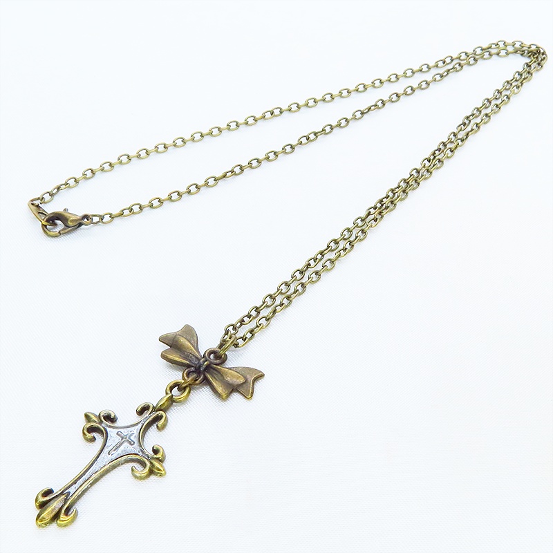 アンティークゴールド ゴシック調ロザリオとリボンチャームを組合せたネックレス 長さ調整可 アジャスター可