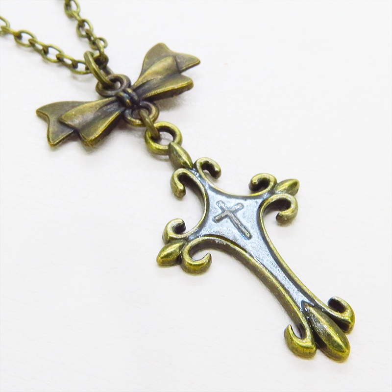アンティークゴールド ゴシック調ロザリオとリボンチャームを組合せたネックレス 長さ調整可 アジャスター可