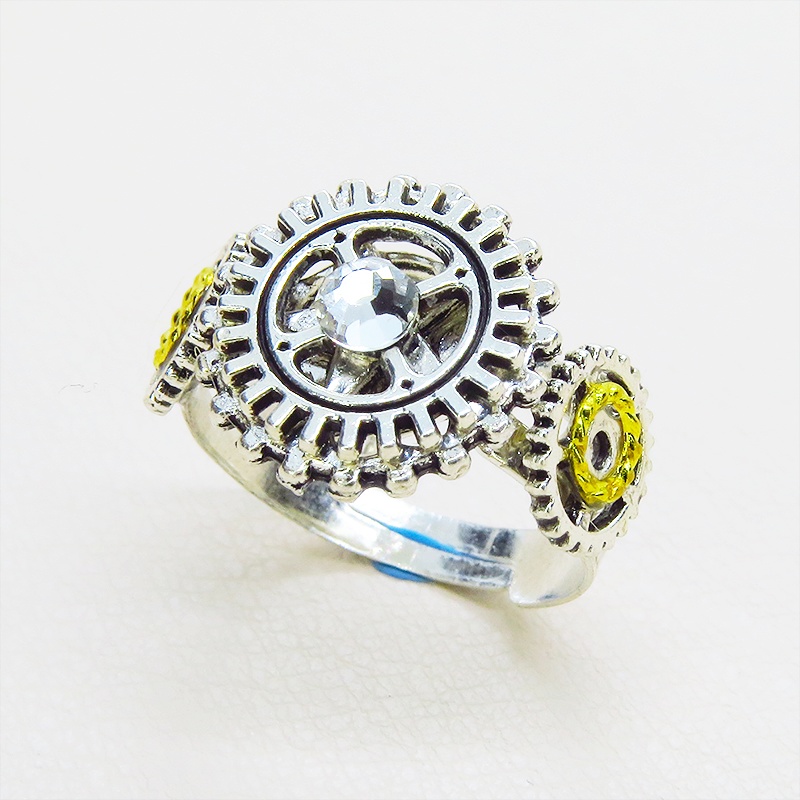 シルバーカラーリング ラインストーンに歯車を組合せたスチームパンク風リング 指輪 フリーサイズ