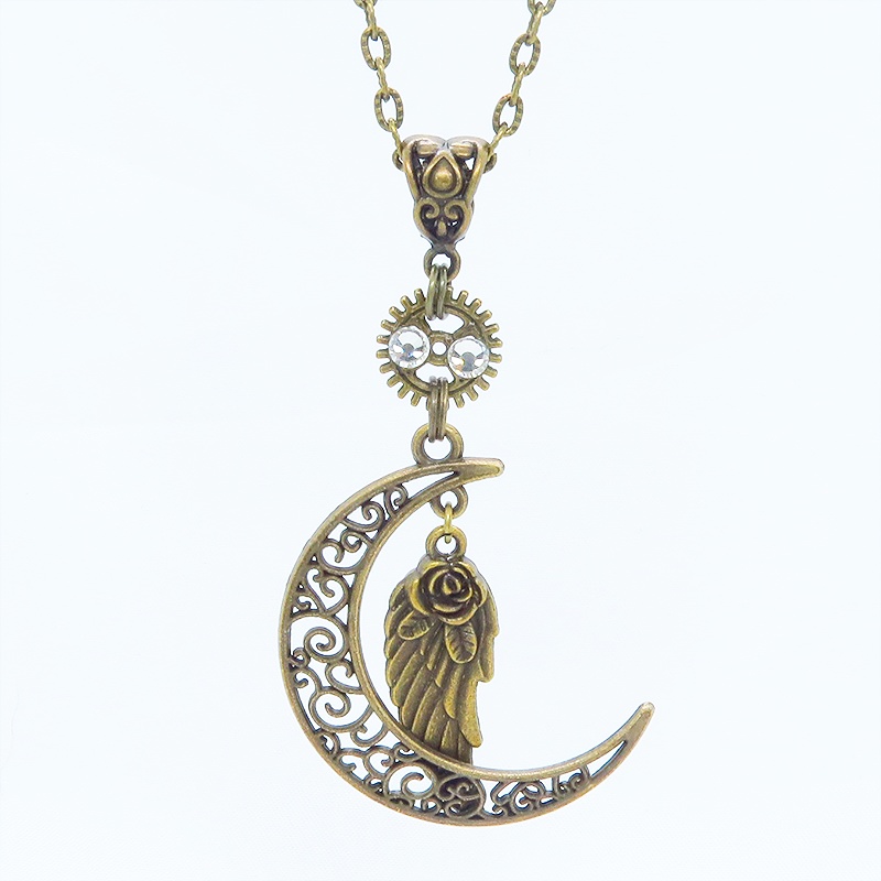 アンティークゴールド アラベスク調透かし入りの三日月と翼モチーフを組合せたネックレス 長さ調整可 アジャスター可