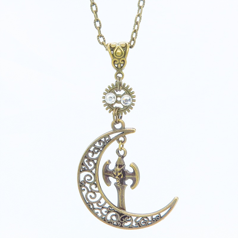 アンティークゴールド アラベスク調透かし入りの三日月と翼モチーフを組合せたネックレス 長さ調整可 アジャスター可