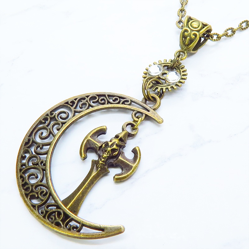 アンティークゴールド アラベスク調透かし入りの三日月と翼モチーフを組合せたネックレス 長さ調整可 アジャスター可