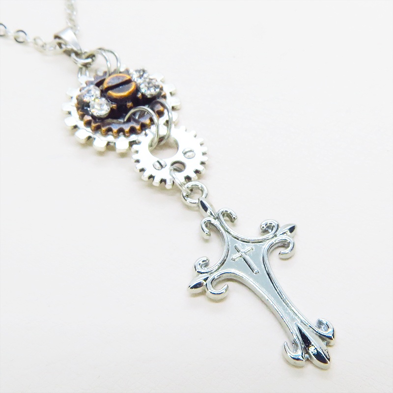アンティークシルバー ロザリオと歯車を組合せたスマートなスチームパンク風ネックレス ラインストーン 長さ調整可