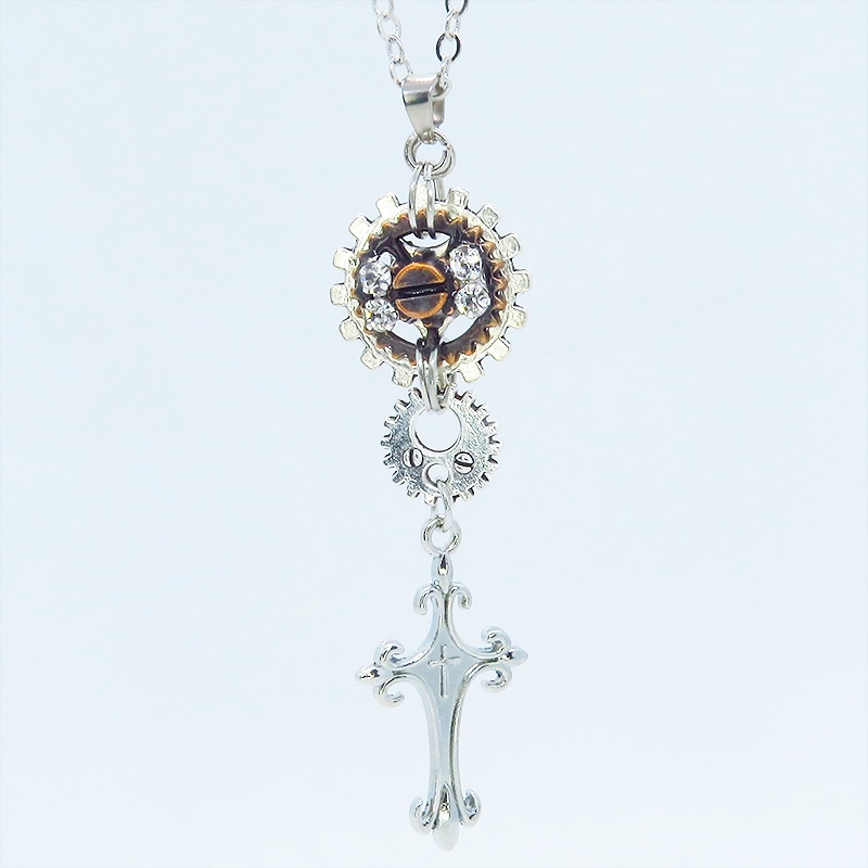 アンティークシルバー ロザリオと歯車を組合せたスマートなスチームパンク風ネックレス ラインストーン 長さ調整可