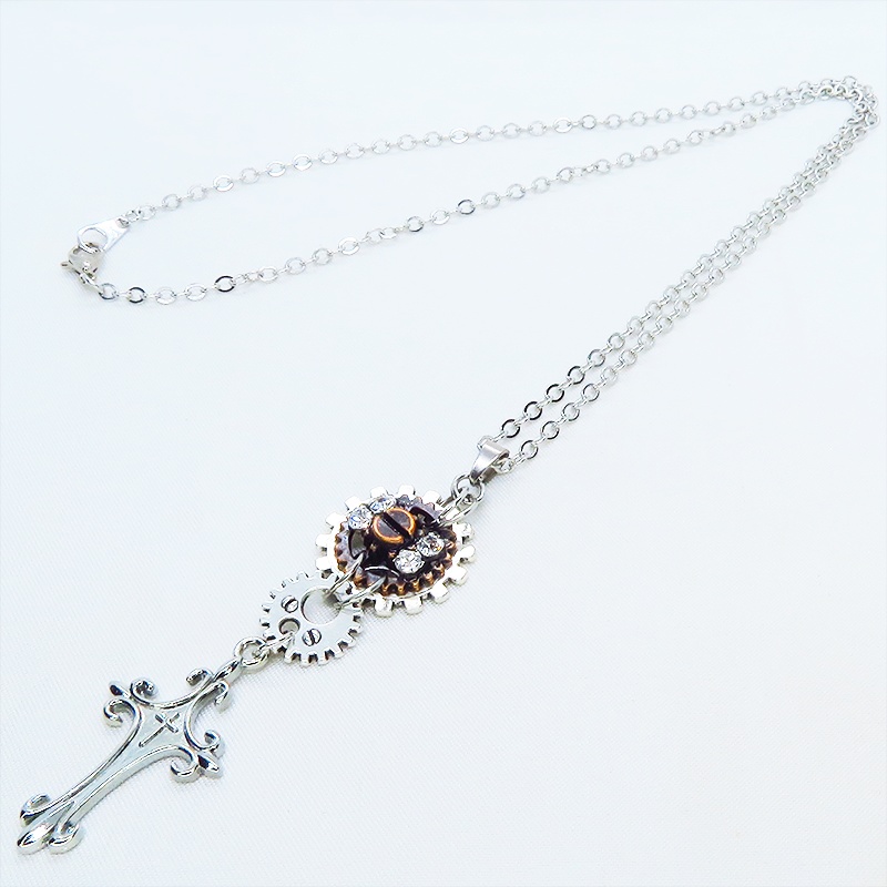 アンティークシルバー ロザリオと歯車を組合せたスマートなスチームパンク風ネックレス ラインストーン 長さ調整可