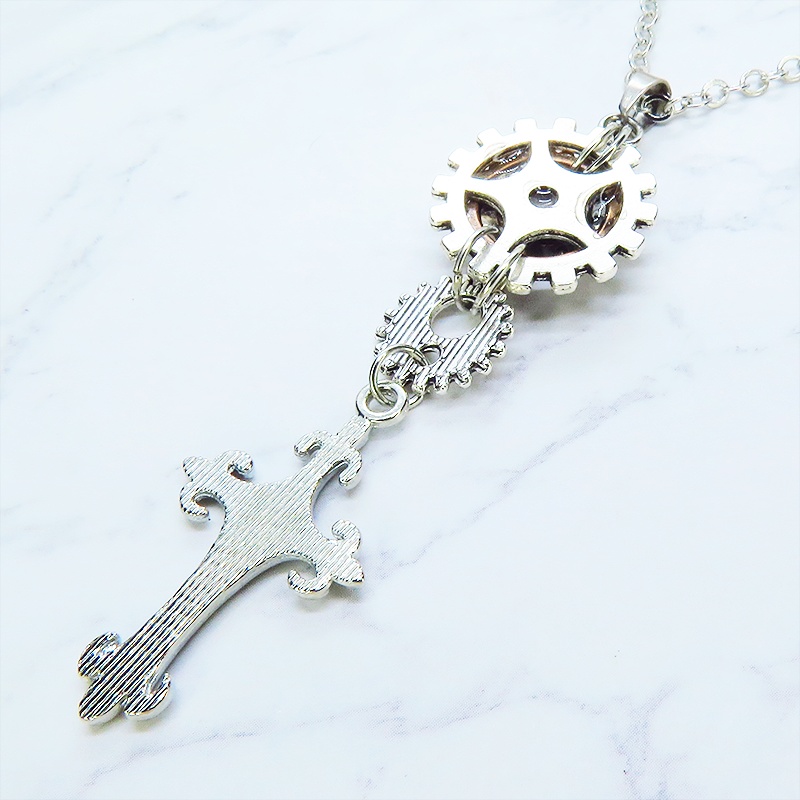 アンティークシルバー ロザリオと歯車を組合せたスマートなスチームパンク風ネックレス ラインストーン 長さ調整可