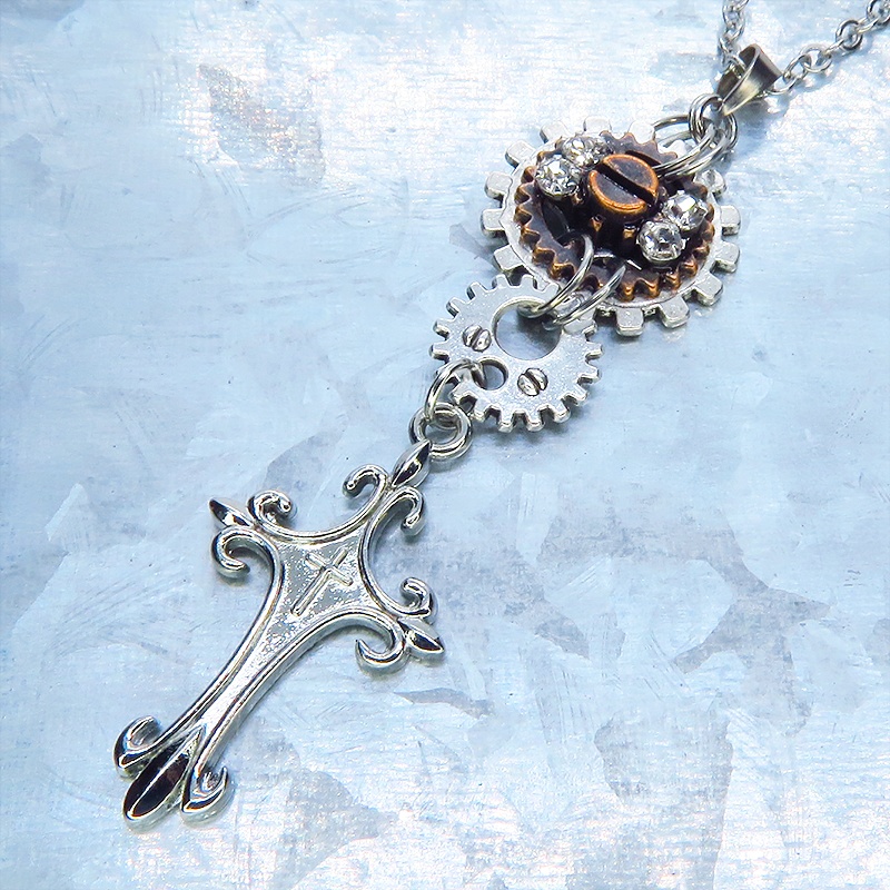 アンティークシルバー ロザリオと歯車を組合せたスマートなスチームパンク風ネックレス ラインストーン 長さ調整可