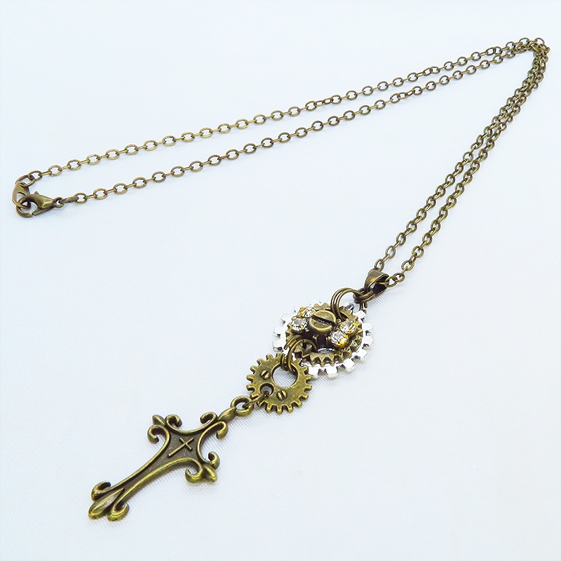 アンティークゴールド ロザリオと歯車を組合せたスマートなスチームパンク風ネックレス ラインストーン 長さ調整可